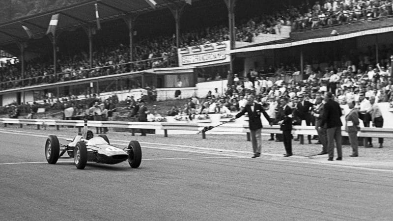 Jim Clark crosses the line at Spa to win the 1962 Belgian Grand Prix
