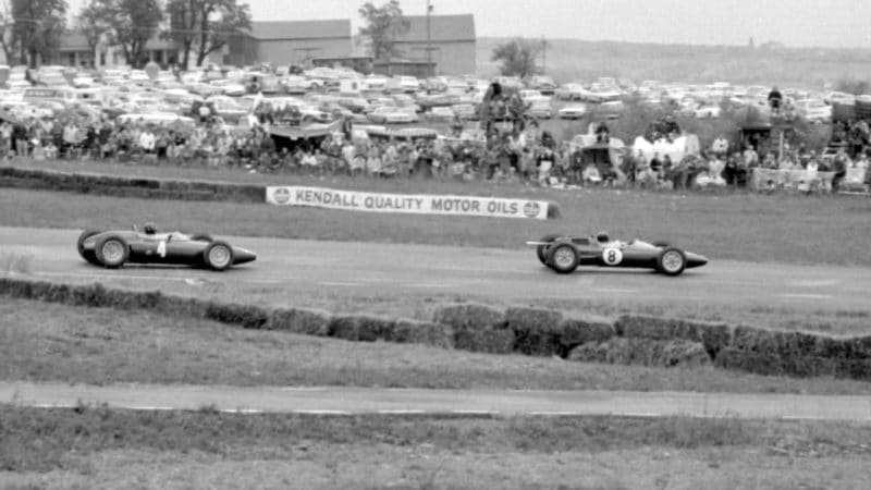 Jim Clark leads Graham Hill in the 1962 US Grand Prix