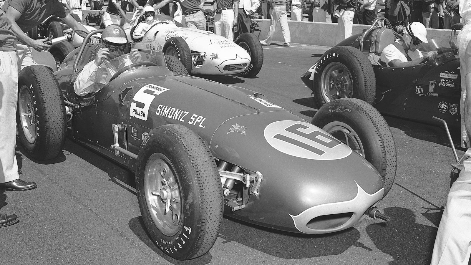 DAYTONA BEACH, FL - APRIL 4, 1959: Jim Rathmann prepares for the start of the Daytona 100 USAC Indy Car race at Daytona International Speedway. Driving the Simoniz Special for Miami car owner Lindsey Hopkins, Rathmann led 35 of the 40 laps in winning the event. (Photo by ISC Images & Archives via Getty Images)