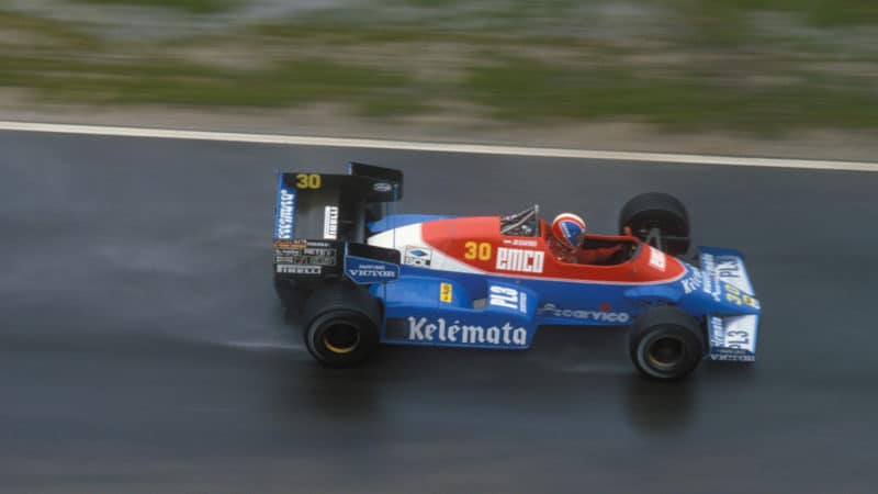 Jo Gartner in 1984 F1 Osella in the rain