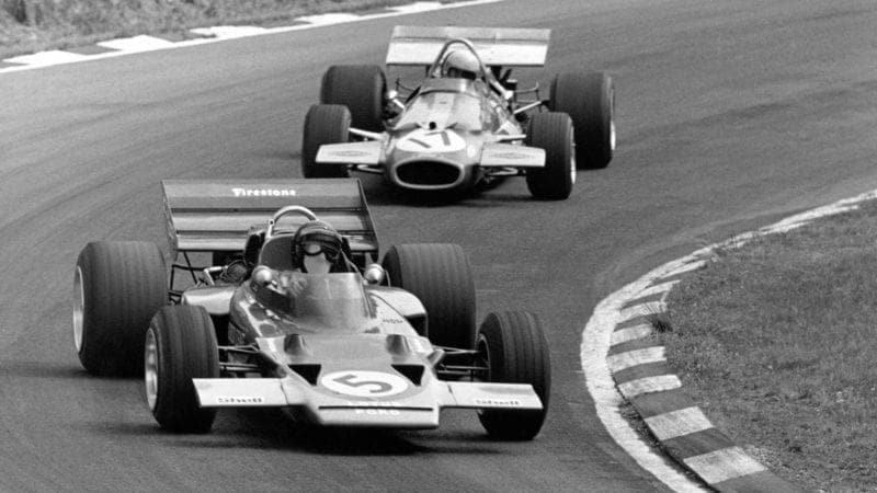 Jochen Rindt in the Lotus 72C leads Jack Brabham in the Brabham BT33 at the 1970 F1 British Grand Prix at Brands Hatch