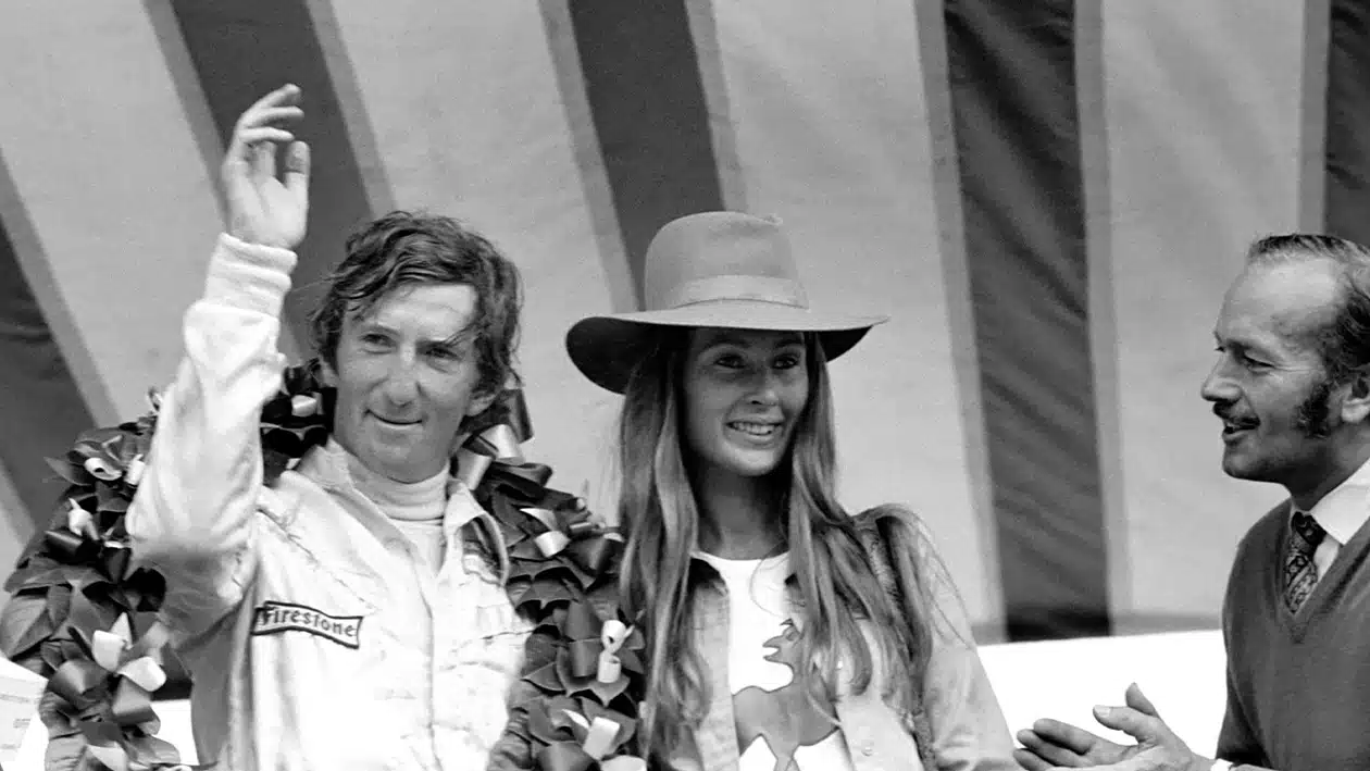 Jochen and Nina Rindt on the Brands Hatch podium after the 1970 British Grand Prix