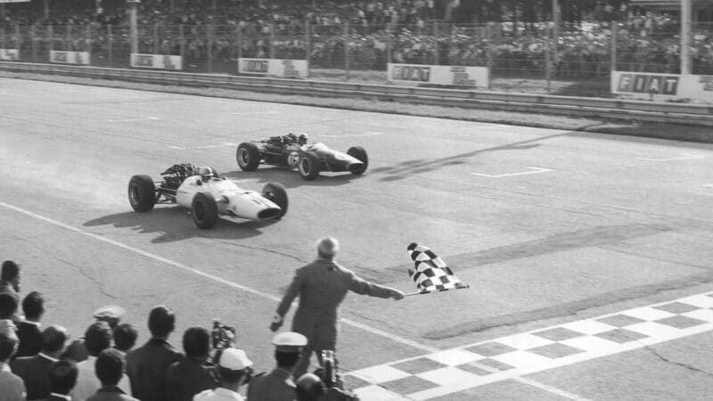 John Surtees approaches the finish line to win the 1967 Italian Grand Prix