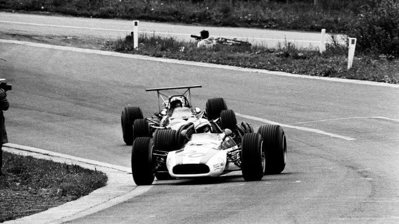 John Surtees defends at Spa Francorchamps during the 1968 F1 Belgian grand prix