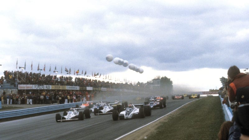 The start of the 1980 United States Grand Prix at Watkins Glen with Alan Jones (Williams-Ford) and Nelson Piquet (Brabham-Ford) leading the field. Photo: Grand Prix Photo