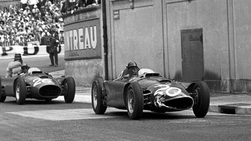 Juan Manuel Fangio in damaged Ferrari at 1956 Monaco Grand Prix