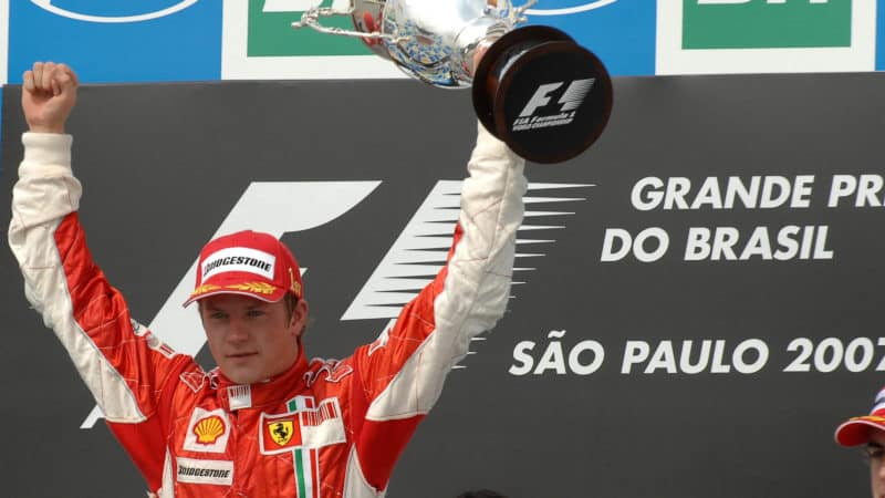 Kimi Raikkonen celebrates becoming world champion at Brazil in 2007