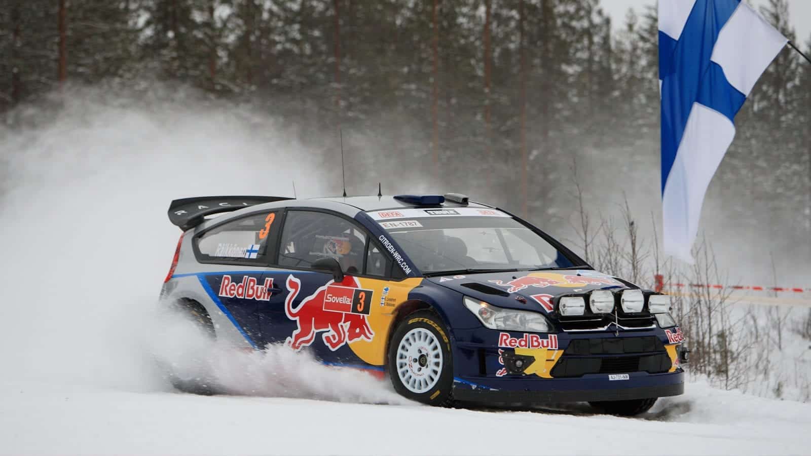 Kimi Raikkonen's Citroen C4 WRC on the snow during 2010 Rally Finland