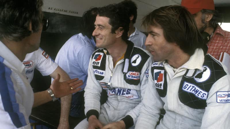 Ligier-Ford drivers Patrick Depailler and Jacques Laffite with technical director Gerard Ducarouge before the 1979 Argentina Grand Prix in Buenos Aires. Photo: Grand Prix Photo