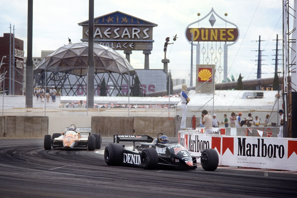 Michele Alboreto in a Tyrrell 011-Ford leads Mauro Baldi in an Arrows A4-Ford.