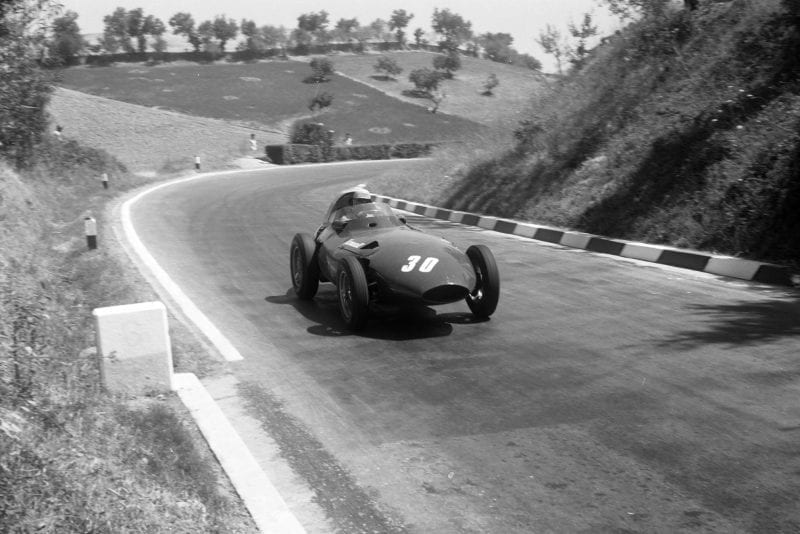 Stuart Lewis-Evans takes on the hill in his Vanwall, 1957 Pescara GP.