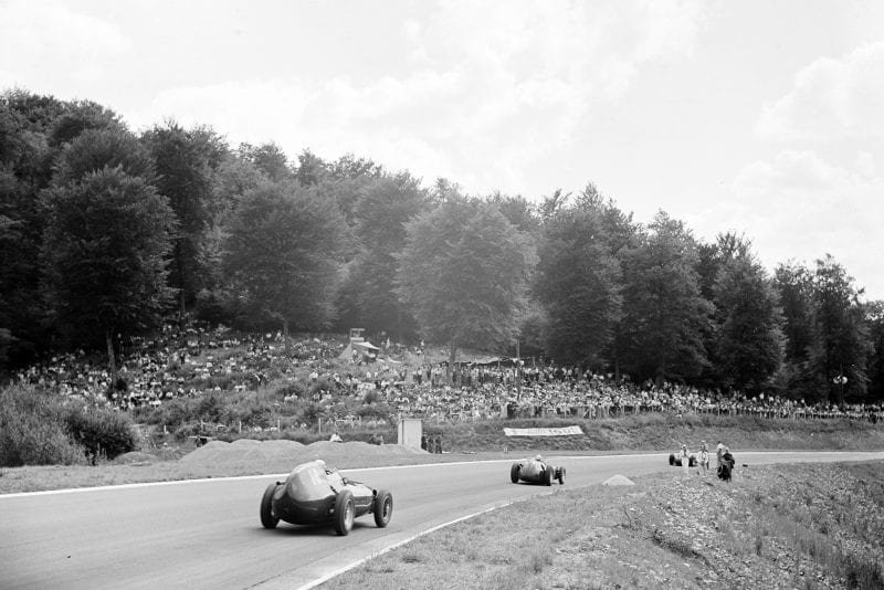 Herbert MacKay-Fraser, BRM P25, leads Stuart Lewis-Evans, Vanwall, 1957 French Grand Prix, Rouen.
