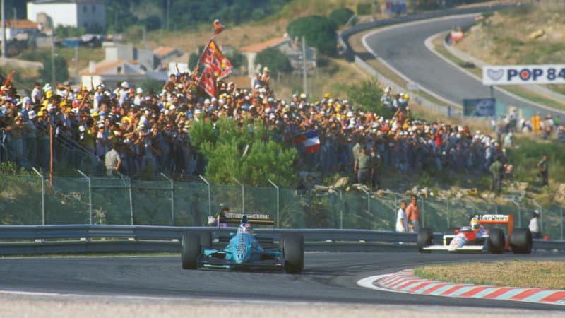 Leyton House of Ivan Capelli leads Ayrton Sennas McLaren in the 1988 Portuguese Grand Prix