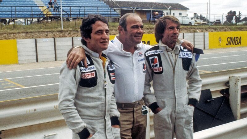 Ligier F1 team mates Patrick Depailler and Jacques Laffite with team boss Guy Ligier