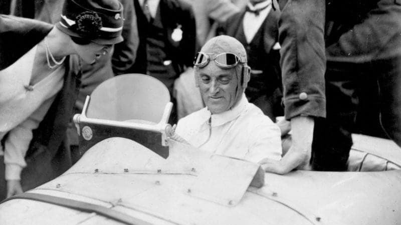 Malcolm Campbell in his Type 39A Bugatti at Brooklands for the inaugural 1926 British Grand Prix