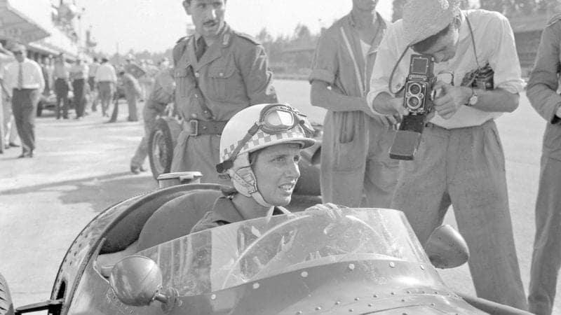 Maria Teresa de Filippis at the wheel of her Maserati ahead of the 1958 F1 Italian Grand Prix at Monza