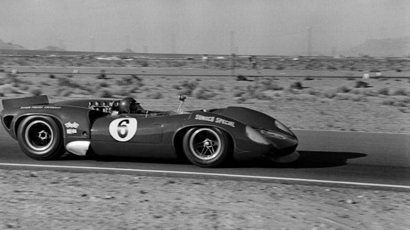 Mark Donohue at the 1966 Stardust Grand Prix in Las Vegas driving a Lola T70 Mk 2