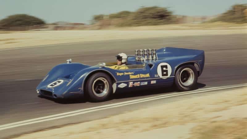 Mark Donohue driving his McLaren M6A to victory at Laguna Seca in the 1968 US Road Racing Championships