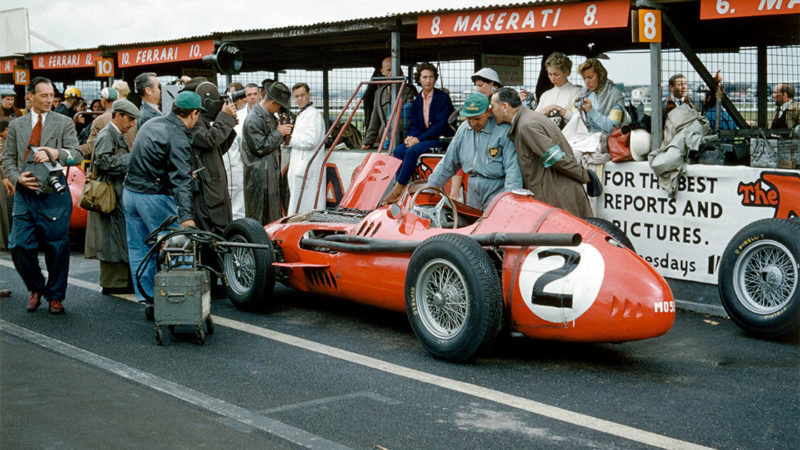 Maserati F1 team in the pits at the 1957 British GP