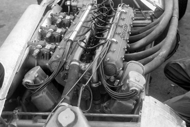 The engine in the Maseratie 250F, Italian Grand Prix, Monza.