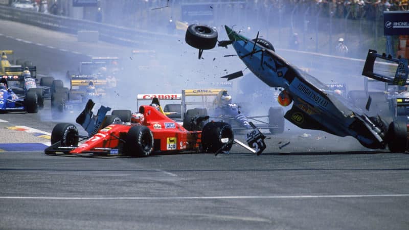 Mauricio Gugelmin in mid air during a crash at the 1989 French Grand Prix