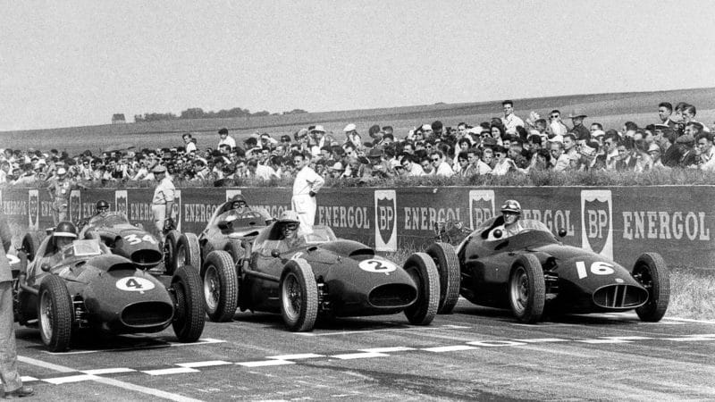 Mike-Hawthorn-Luigi-Musso-and-Peter-Schell-at-the-start-of-the-1958-French-Grand-Prix-at-Reims