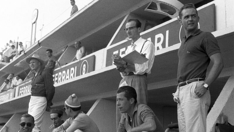 Mike Hawthorn Phil Hill and Oliver Gendebien with Romolo Tavoni at Le Mans