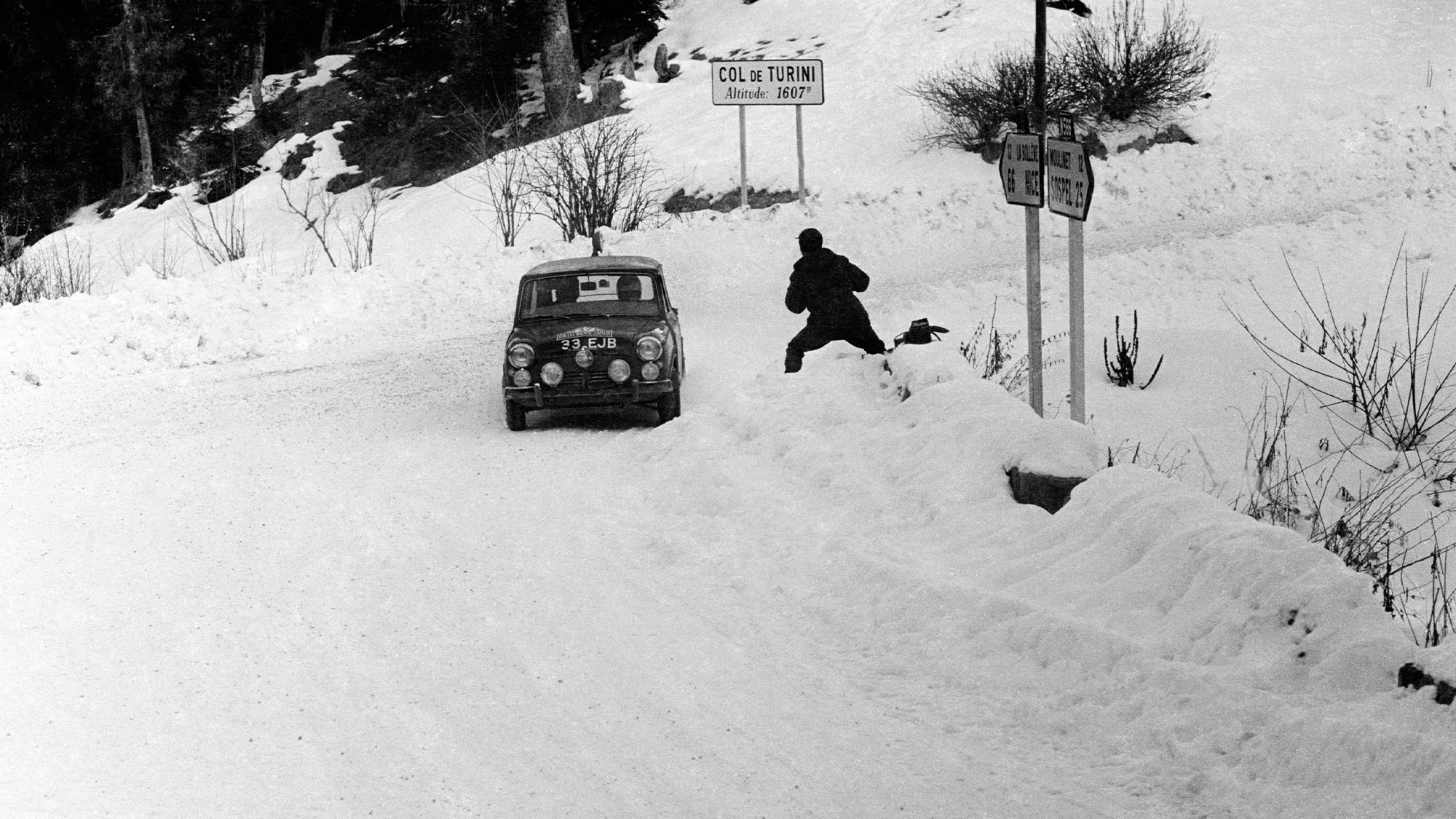 Mini of Paddy Hopkirk on the Col de Turini in the 1964 Monte Carlo Rally