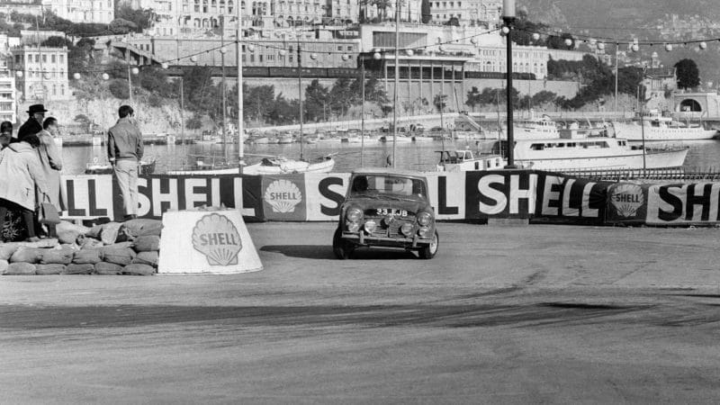 Mini on hairpin at Monaco in the 1964 Monte Carlo Rally