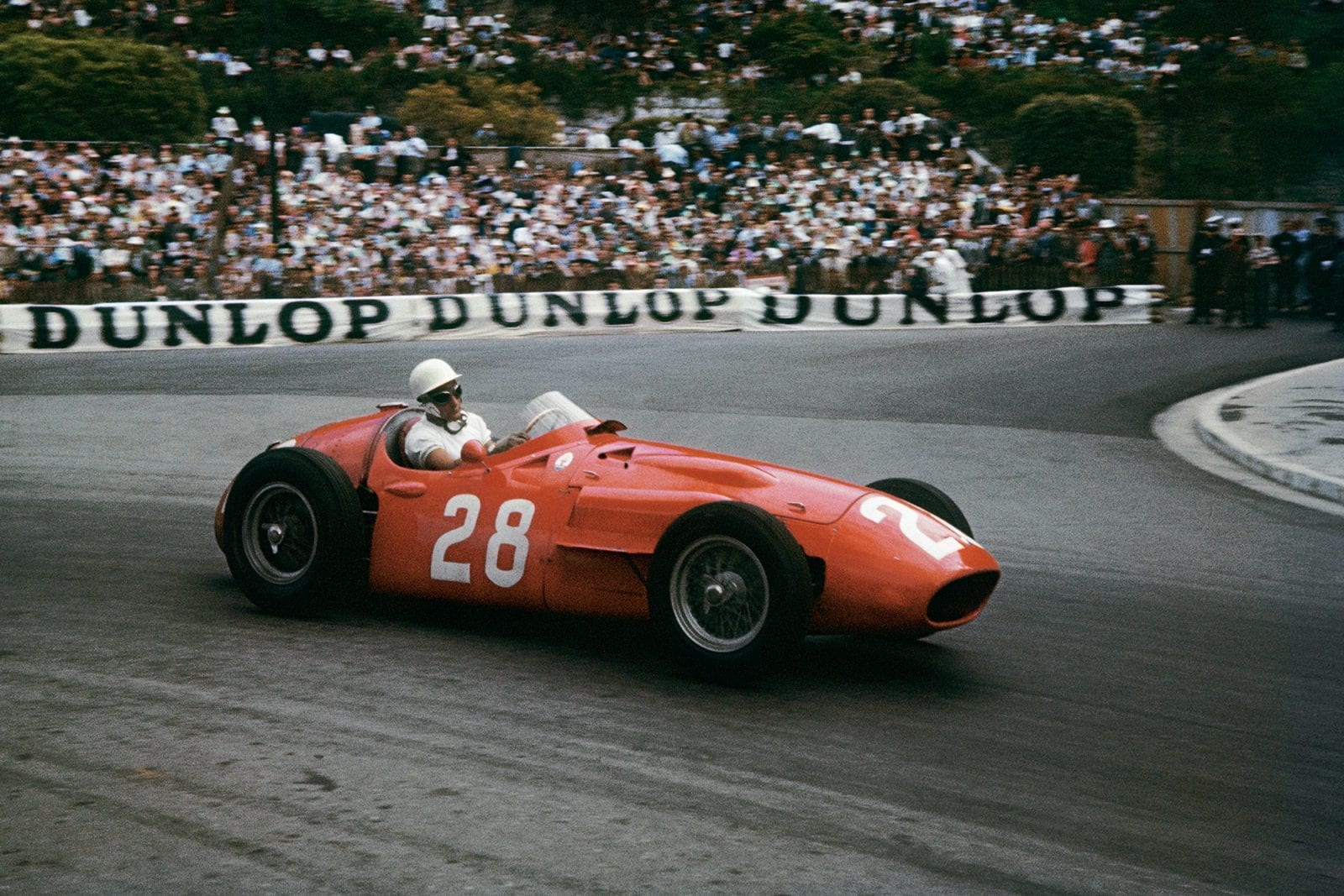 Stirling Moss (Maserati 250F), on his way to victory at the 1956 Monaco Grand Prix.