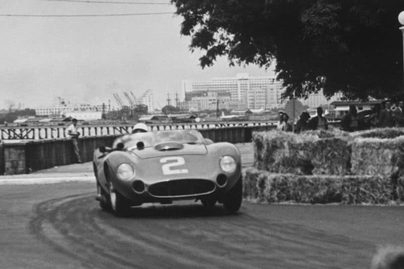 Maserati 450S of Stirling Moss/Juan Manuel Fangio rounds the bails in the 1957 Buenos Aires 1000km