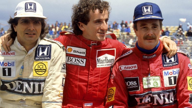 Nelson Piquet, Alain Prost and Nigel Mansell in Adelaide ahead of the 1986 F1 Australian Grand Prix