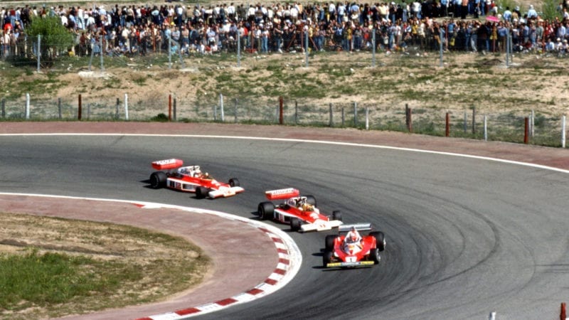 Niki Lauda leads James Hunt and Jochen Mass at the 1976 Spanish Grand Prix