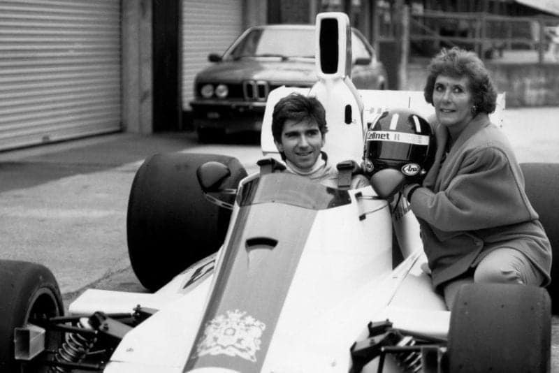 Damon Hill Formula One Grand Prix Motor Racing Car Driver and World Champion 1996 pictured in 1987 with his mother Betty at Silverstone where he drove his father Graham's own Formula One Grand Prix car the Hill GH2 for the first (and probably last) time. (Photo by John Roan /Mirrorpix/Getty Images)