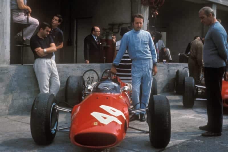 Giancarlo Baghetti with the Ferrari he drove for Reg Parnell in the 1966 Italian Grand Prix at Monza. The car was loaned to him by Ferrari.