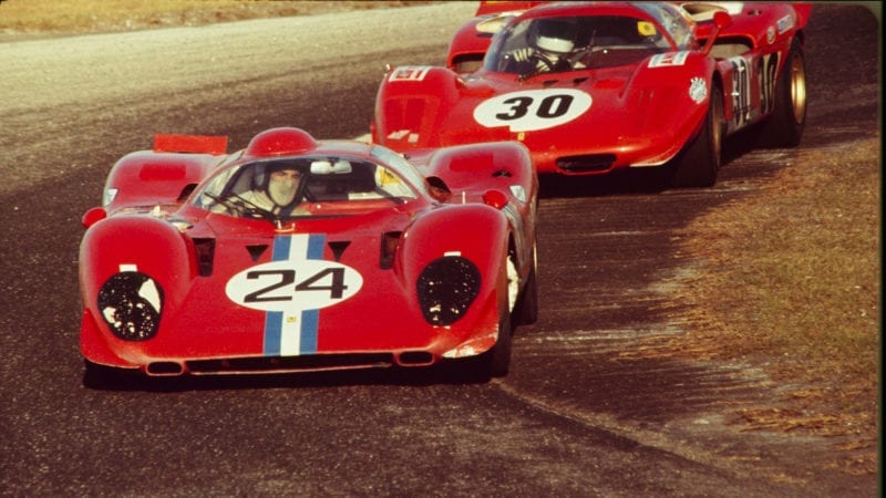 UNITED STATES - FEBRUARY 02: 1970 Daytona 24 Hour Race. Sam Posey and Mike Parkes(24) of N.A.R.T (North American Racing Team) drive their Ferrari 312P in front of Corrado Manfredini and Gianpiero Moretti(30) in the Ferrari 512S. (Photo by /The Enthusiast Network via Getty Images/Getty Images)