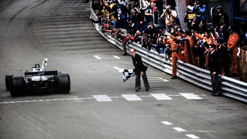 Patrick Depailler crosses the finish line to win the 1978 Monaco Grand Prix