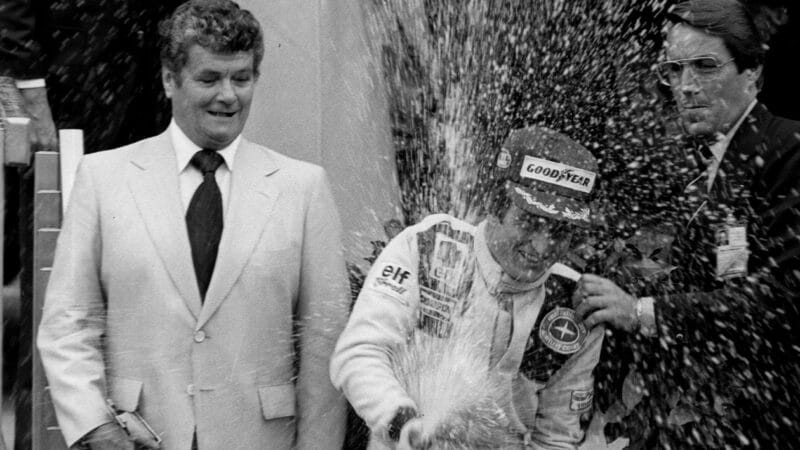 Patrick Depailler sprays champagne after winning 1978 F1 Monaco Grand Prix