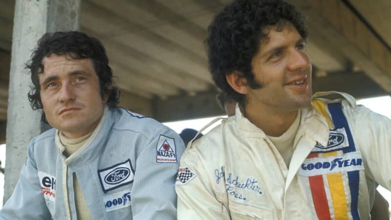 Patrick Depailler with Jody Scheckter in pit garage at Kyalami