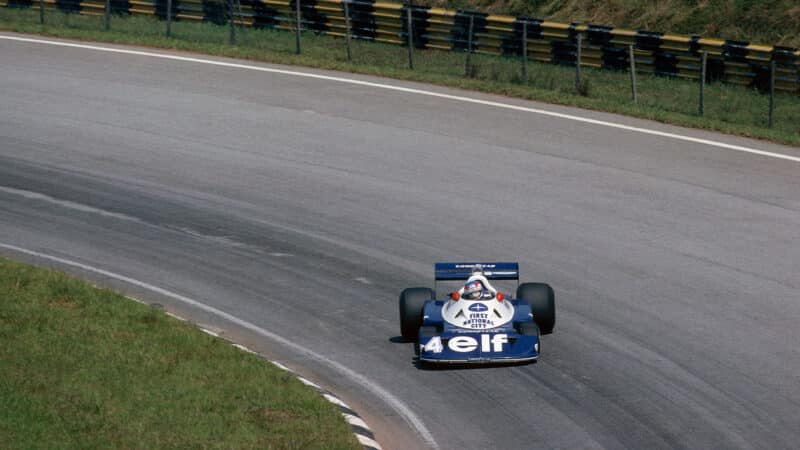 Patrick powersliding Tyrrell in 1977 Brazilian Grand Prix