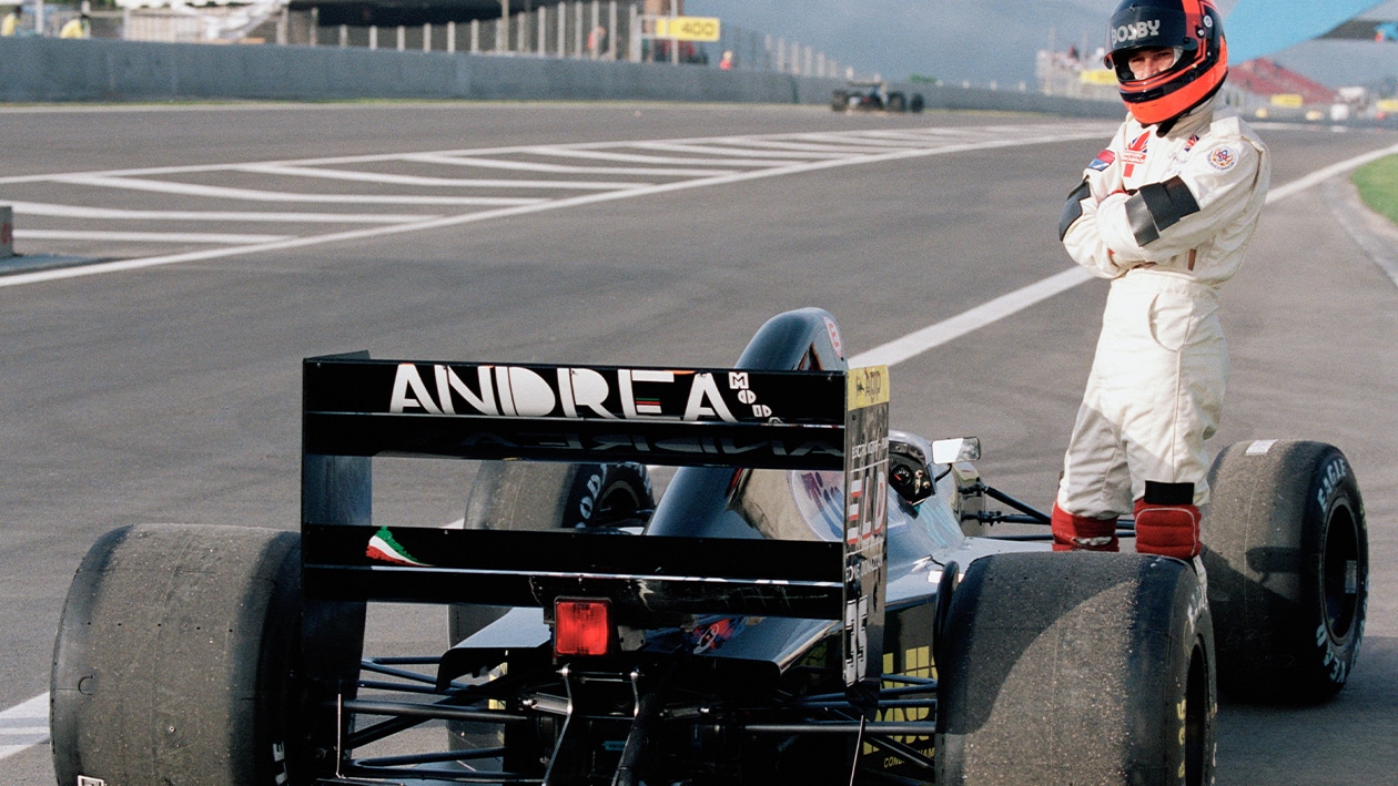 Perry McCarthy with broken down Andrea Moda F1 car in Barcelona