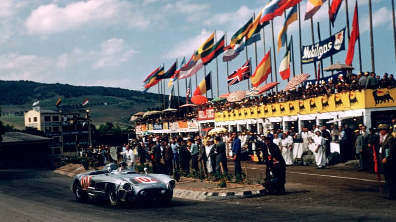 Peter Collins in Mercedes 300 SLR at the 1955 Targa Florio