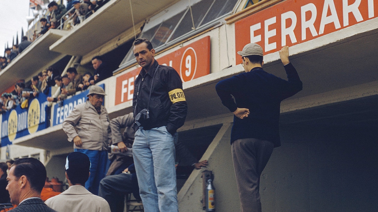 Phil Hill on the pitwall at 1957 Le Mans 24 Hours