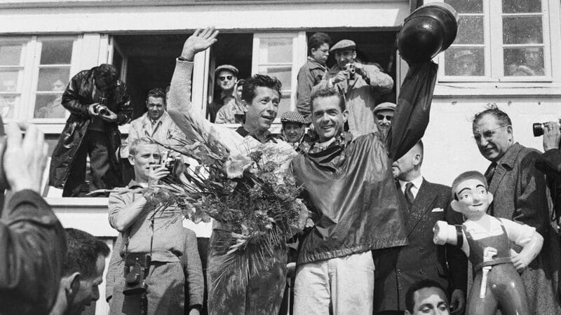 Phil Hill with Olivier Gendebien on the podium after winning 1958 Le Mans 24 Hours