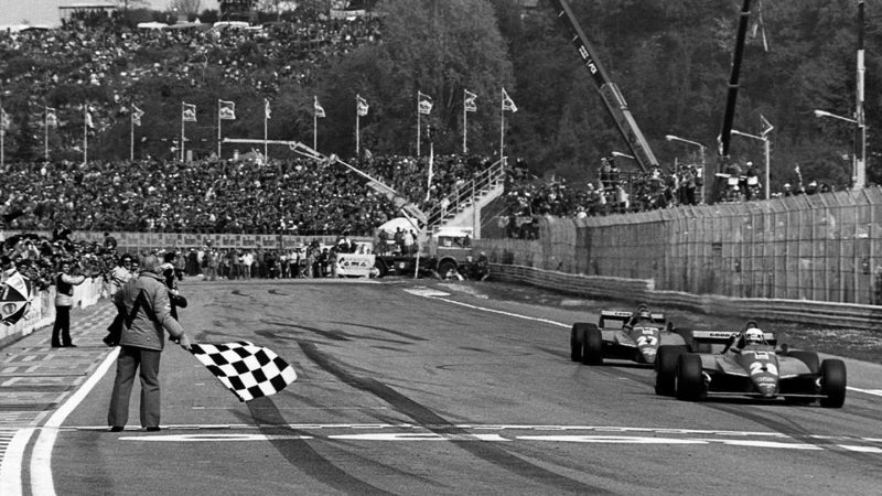 Didier Pironi, Gilles Villeneuve, Ferrari 126C2, Grand Prix of San Marino, Imola, 25 April 1982. Didier Pironi takes the flag ahead of Gilles Villeneuve. (Photo by Paul-Henri Cahier/Getty Images)