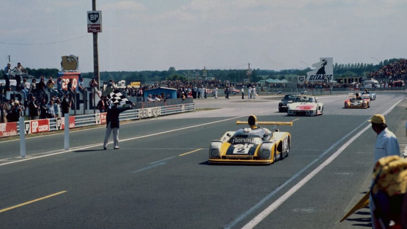 Pironi and Jassaud Alpine Renault crosses the line to with the 1978 Le Mans 24 Hours