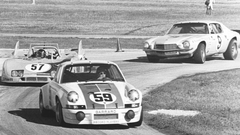 Porsche 911 of Hurley Haywood and Peter Gregg leads in 1973 Daytona 24 Hours