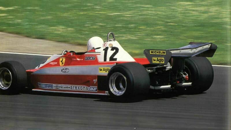Rear view of Mark Hales in Ferrari 312T3 F1 car
