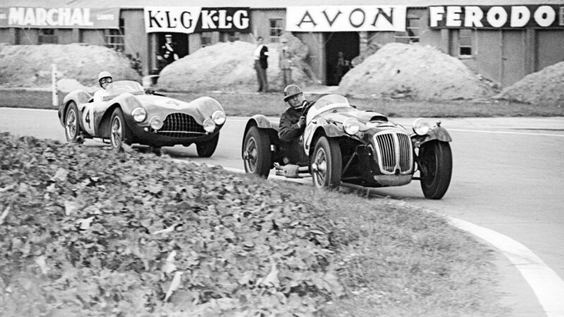 Reg Parnell-Eric Thompson Aston Martin DB3S behind Frazer Nash le Mans Replica