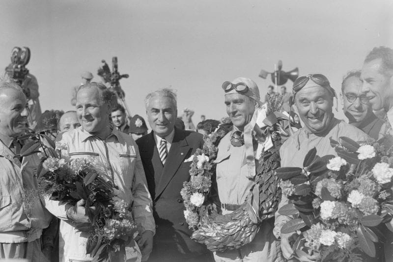 Reg Parnell, Giuseppe Farina and Luigi Fagioli - the winning ALfa Romeo team - after the 1950 British Grand Prix at Silverstone